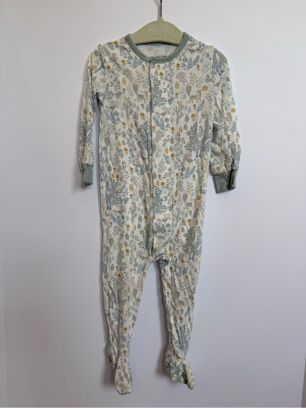 Magnetic Me Baby Footed Sleeper in Sage Trim with Floral Leaf Print